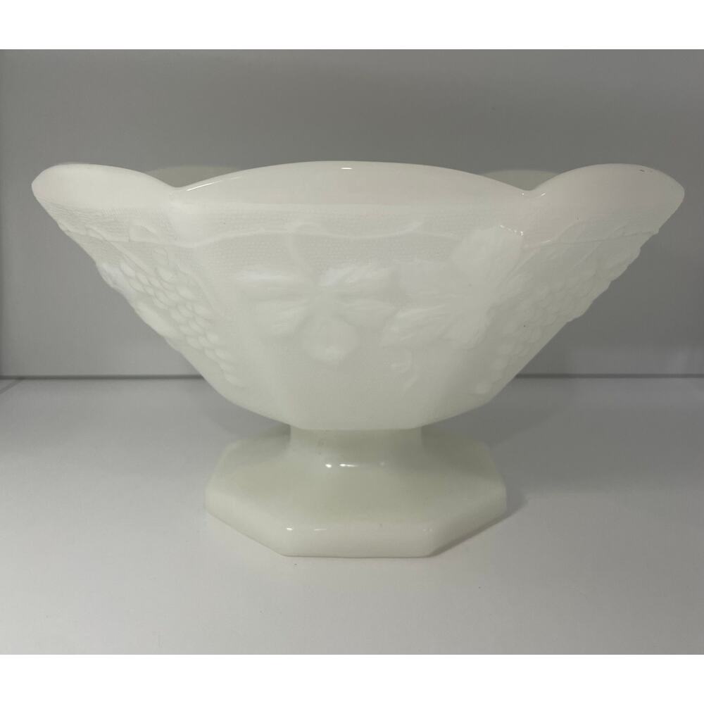 Vintage Large White Milk Glass Pedestal Fruit Bowl with Grape Pattern